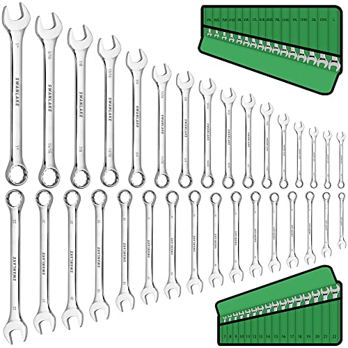SWANLAKE 32-Piece Combination Wrench Set, SAE and Metric, 1/4"-1" & 7mm-22mm, 12 Point, Chrome Vanadium Steel - style: 32-Piece Combination