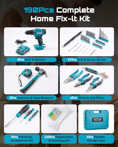 Seesii 21V Power Drill Set, 190Pcs Tool Kit with Toolbox for Home DIY