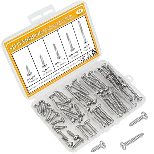 51 Pieces #12 x 3/4" 1" 1-1/4" 1-1/2" 2" Wood Screws Set, Phillips Pan Head #12 Self-Tapping Screws Assortment Kit, 304 Stainless Steel - size: #12, style: Phillips Pan Head
