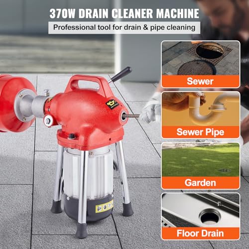 VEVOR Drain Cleaner Machine 120FT x 5/8 Inch, 370W Electric Sewer Snake Auger Manual Feed - with 2 Sectional Steel Cables(120' x 5/8" and 23' x 3/8"), 7 Cutters and CW/CCW Control for 1.6" to 4" Pipes - style: 120Ft x 5/8Inch & 7 Cutters