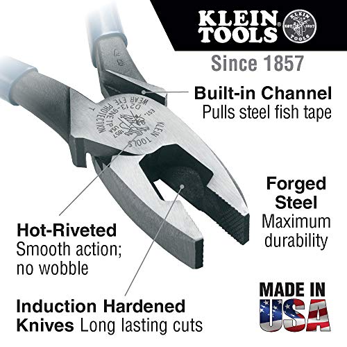 Klein Tools D213-9NETP Lineman's Fish Tape Pulling Pliers, Made in USA, High Leverage Design with Handle Tempering for comfort when Cutting, 9-Inch - style: With Fish Tape Pulling