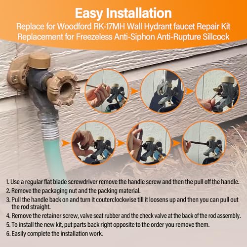 RK-17MH Outside Faucet Repair Kit Metal Handle - Replacement for Woodford Model 17 Outdoor Wall Hydrant, Frost-Free Design, EPDM Packing, 12-Piece Kit