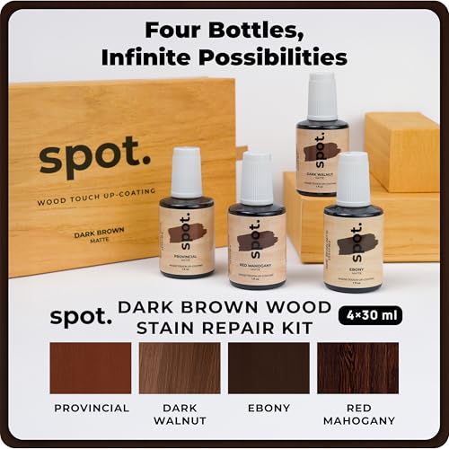 Dark Brown Wood Stain Repair Kit, Brush-On Touch-Up Stain Bottles, Provincial, Dark Walnut, Ebony, Red Mahogany, Interior and Exterior Wood, 4 fl oz Total by spot. - color: Dark Brown