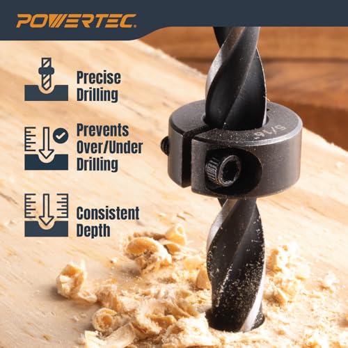 POWERTEC Drill Bit Stop Collar Set, 7 Piece Set Adjustable Drill Bit Depth Stopper with Allen Wrench, Bit Stop with Imperial System Size Markings - 1/8", 3/16", 1/4", 5/16", 3/8", 7/16", 1/2” (71491E) - style: 7PC Imperial Drill Stop Set (1/8"-1/2")