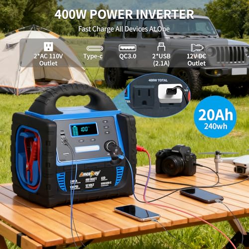 2400A Car Battery Jump Starter and Portable Power Station – Starts 8.0L Gas & 8.0L Diesel – 6-in-1 Jump Starter with Air Compressor 100 PSI Tire Inflator – 400 Watt Inverter AC/DC/USB Outlets - color: Blue