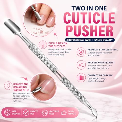 Cuticle Pusher – Professional Stainless Steel Nail Scraper & Cuticle Remover – Dual-Sided Tool for Finger & Toe Nails, Gel Polish & Dead Skin Removal– Non-Slip Handle for Manicure & Pedicure