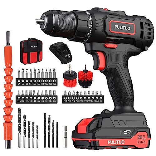 PULITUO Cordless Drill Set, 20V/2.0Ah Electric Power Drill, Torque 45N.m, 25+1 Torque Setting,1/2” Keyless Chuck, 2 Variable Speed Setting, with 43 PCS Bits, Storage Bag - style: ‎20v Drill Pro（Red）