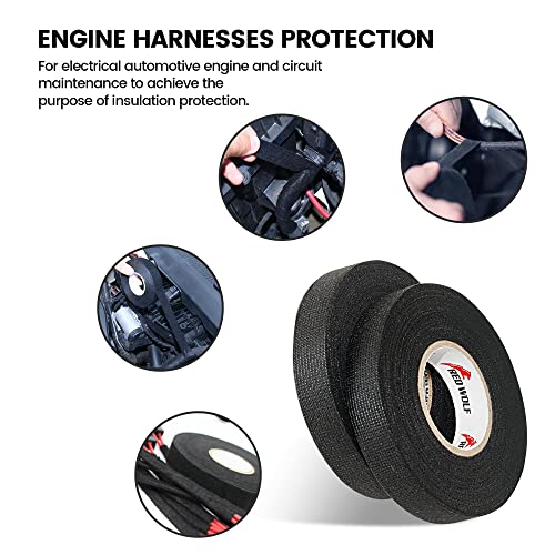 RED WOLF Wire Loom Harness Cloth Tape Electric Self-Adhesive Fabric Tape High Temp for Automobile Electrical Harness Wrap Noise Damping Protection Insulation Cable Fixed 2 Rolls Black 3/5 Inch x 50FT