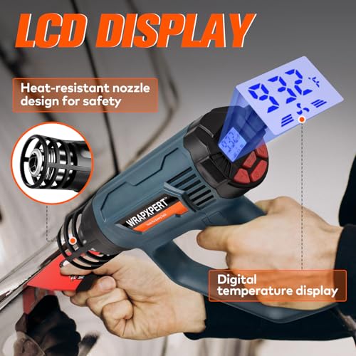 WRAPXPERT Heat Gun for Vinyl Wrap/Window Tint with Digital LCD 2000W 122℉-1202℉（50℃- 650℃) Variable Temperature Control Memory Function for Car Wrap, Crafts, Shrinking Tubing, Stripping Paint - color: Blue Lcd