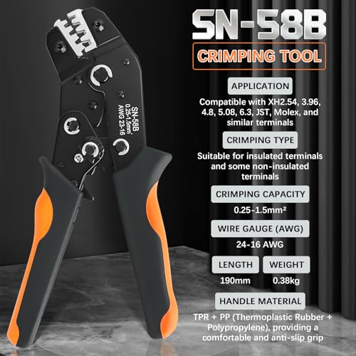SN-58B Dupont Crimper, 1600PCS 2.54mm Dupont Connector Kit with Ratcheting Wire Crimping Tool, 23-16 AWG, 1/2/3/4/5/6/8/10 Pin Housings, Male Female Pins, Headers & Ribbon Cable - color: 1600pcs
