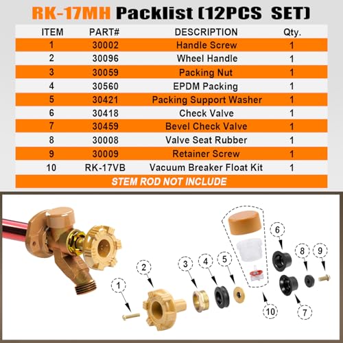 RK-17MH Outdoor Faucet Repair Kit for Woodford Model 17 Outside Faucets Parts Include Wheel Metal Handle Screws Packing Nut Washer Valve Seat Rubber and Vacuum Breaker Float Kits, 12PCS Set - style: RK-17MH