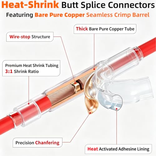 100pcs 26-22 Gauge Heat Shrink Butt Connectors 26-22 AWG Heat Shrink Butt Splice Marine Grade Insulated Waterproof Electrical Crimp Wire Connectors,Pure Copper Butt Splice for 26-22 Gauge Wire - size: 26-22 AWG