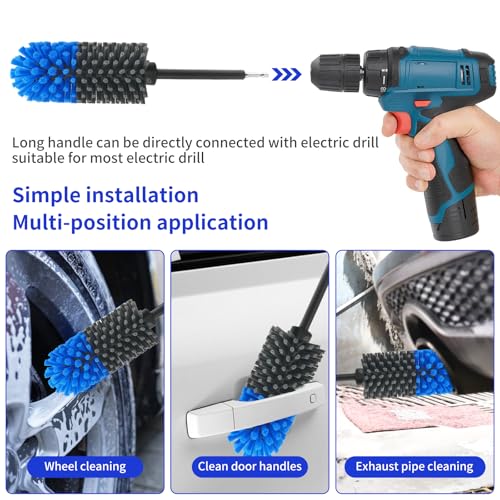 Wheel Brush, Soft Drill Wheel Cleaner Brush, Drill Brush for Car Wheel, No Scratches Highly Dense and Durable Car Wheel Brush Rim Tire Car Cleaning Brush for Wheels, Rims, Engines, Exhaust - color: Blue+grey