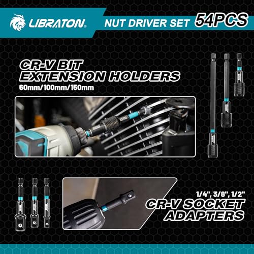 LIBRATON 54PCS Magnetic Nut Driver Set, Impact Drill Driver Bit Set 1/4"