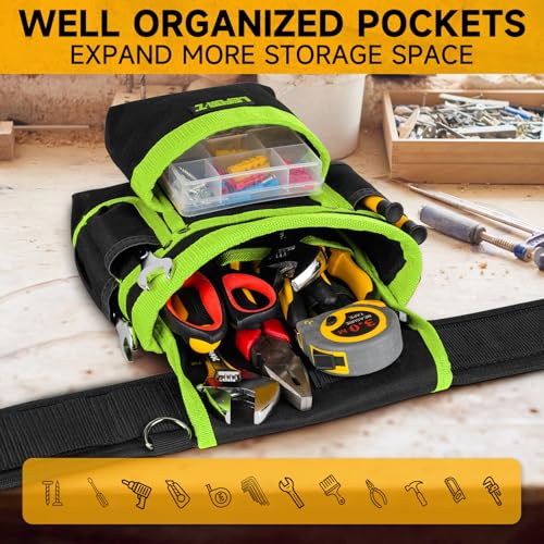Tool Belt with 4 D-Rings,27-Pockets Tool Belts for Men,Construction - color: Green & Black, size: 27 Pockets with Magnet Pouch