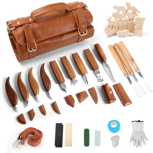 Wood Carving Kit,38pcs Wood Carving Tools with 9 Wood Carving Knives,3 Detail Knives,14 Basswood Blocks,Ergonomic Handle Design,Thick Leather Storage Bag,Whittling Kit for Beginners Adults Kids Hobby - size: 38PCS Wood Carving Tools