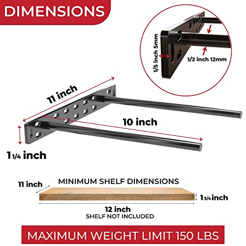 Set of 2 Floating Shelf Brackets 11 inch Multiple Mounting Location Baseplate/Heavy Duty Black Painted Mild Steel Bracket Hidden Wall Shelves Support Hardware Mount Kitchen/Nursery Decor(10 inch Rods) - size: 10 inch Rod