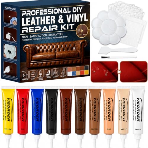 Vigorder Leather Repair Kit for Furniture, Vinyl Repair Kit for Car Interior, Sofa, Purse and Jacket, Restore Any Material with Super Easy Instructions to Fix Scratches, Tears, Holes, Peeling