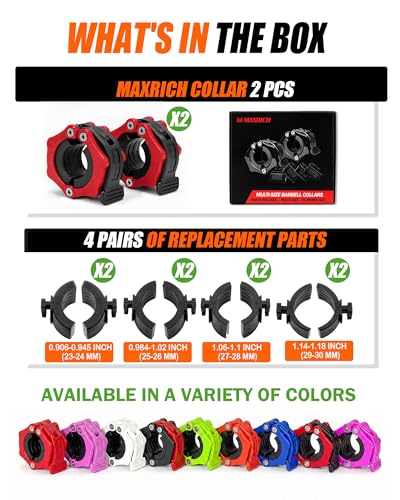 MAXRICH Ultra-Thin 1-Inch Barbell Clamps, Quick Release Weight Clips for 23–30mm Bars, Secure Barbell Collars for Home Gym - color: Red+black