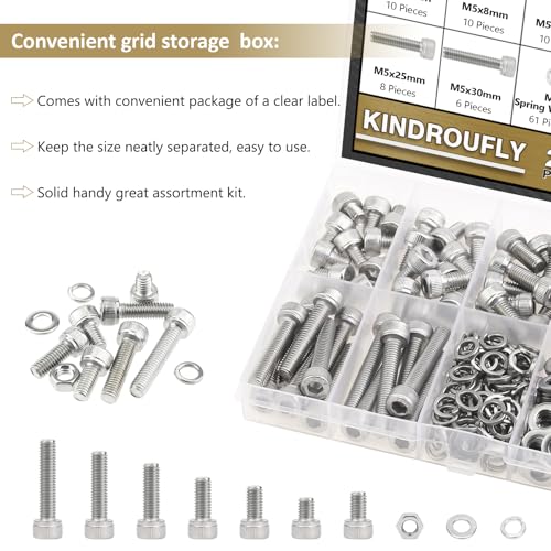 212 Pieces M5 x 6/8 /12/16 /20/25 /30mm Hex Socket Head Cap Screws Nuts Washers Assortment Kit, 304 Stainless Steel, Fully Machine Thread - size: M5, style: Socket Head