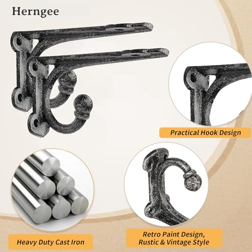 Shelf Brackets 4 Inch 2 Pack, Cast Iron Shelf Brackets for Wall Shelving, Rustic Shelving Brackets with Hooks Black, Heavy Duty Floating Brackets Wall Mounted - size: 2 Pack 4" Bracket