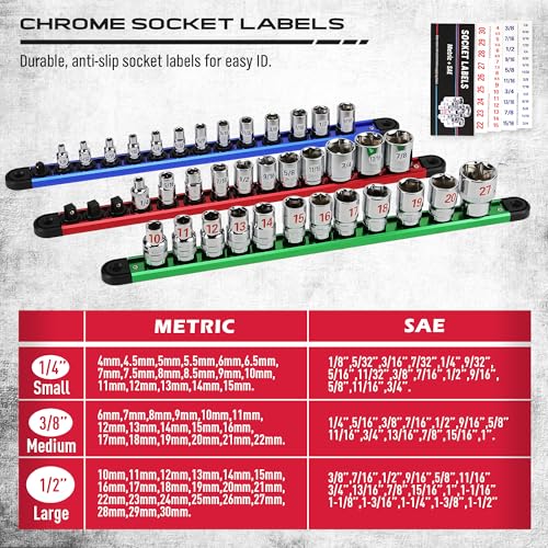 Magnetic Socket Holder Organizer Set: 9-Piece Detachable 1/4, 3/8, 1/2 Socket Trays Socket Organizer for Tool Box Drawer Holds 120-Piece Standard Size Sockets for Automotive Garage(Blue Red Green) - style: 9-Piece Alum. Rails (Holds 120)