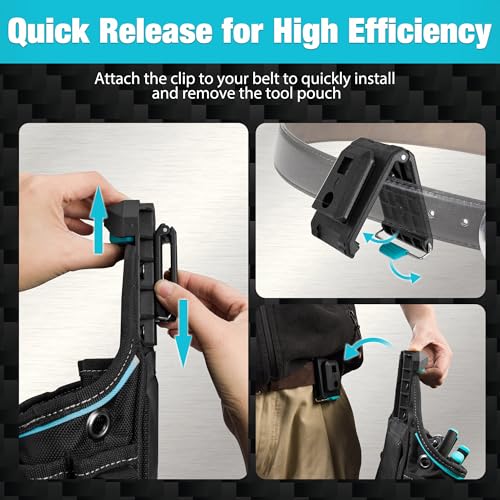 DuraTech Tool Pouch with Belt Clip, Electrician Tool Pouch with Tape Measure Holder & Hammer Loop, Quick Release Buckle, Expandable Support Frame, Ideal for Construction, Carpentry and Handyman Use - style: Large