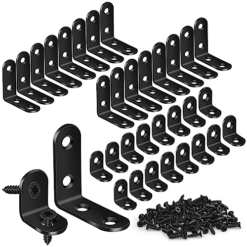 32PCS L Corner Brackets, MAPVOLUT Black Heavy Duty L Brackets for Shelves with 100PCS Screws, Metal Right Angle Shelf Bracket, Metal Corner Brace for Wood Furniture (1.57x1.57in/0.79x0.79in) - size: 2 SIZE Black