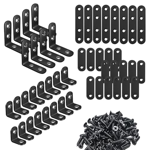 weiwei 48 PCS Stainless Steel L Brackets & Straight Brackets, Multi-Size Angle Bracket Mending Plate, Sturdy Corner Bracket Flat Braces Combo Set with Screws for Wood Shelves Furniture Cabinet DIY - style: Combination 2
