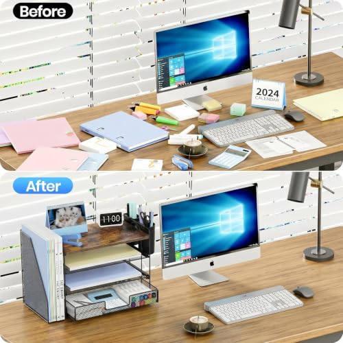 OPNICE Desk Organizer, 4-Tier Desktop File Organizer with Drawer and Pen Holders, Office Desk Accessories, File Sorters, Workspace Organizers for Office Supplies(Wood) - color: Wood, size: 4T