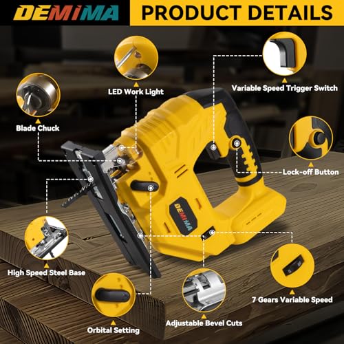 DEMIMA Cordless Jig Saw for Dewalt Battery, 7 Speed Variable Up to 3200RPM, LED Light, 45° Bevel Cuts, 3 Orbital Motions, with Jig Saw Blade for Straight/Curve/Circle Cutting(Battery Not Include)