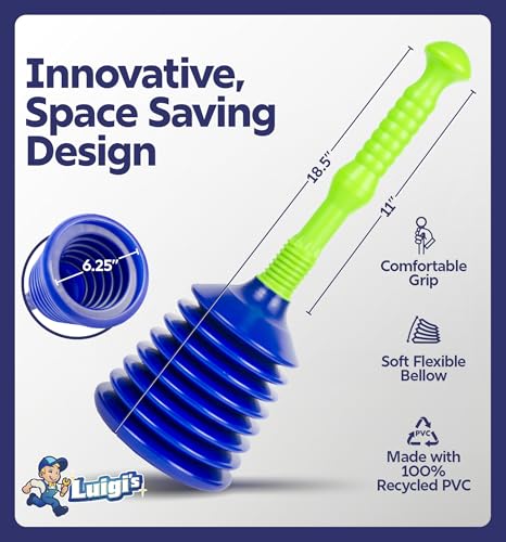 Luigi's Sink Plunger Kitchen - Sink Plunger Bathroom - Drain Bathtub or Shower - Large and Powerful Clog Remover - Commercial Style Plumbers Plungers with Large Bellows - Blue Green - Grande - color: Blue/Green - Grande Plunger