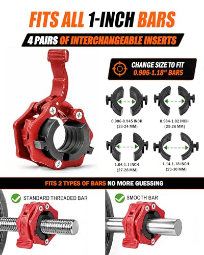 MAXRICH Ultra-Thin 1-Inch Barbell Clamps, Quick Release Weight Clips for 23–30mm Bars, Secure Barbell Collars for Home Gym - color: Red