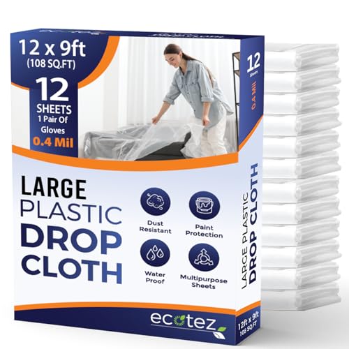 12 Pack 12 x 9 ft Extra Large Plastic Drop Cloth for Painting - size: 12 Pack-Standard
