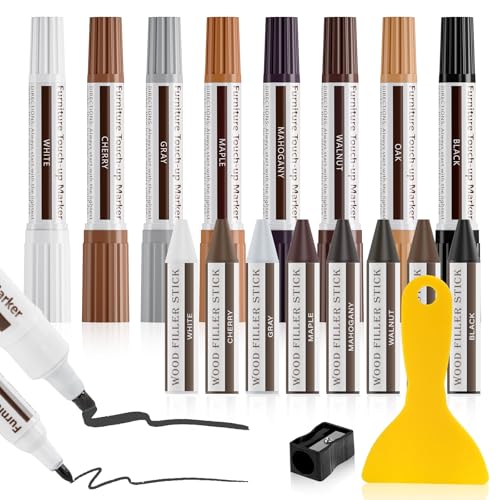 DEWEL Dual-Tipped Furniture Markers Touch Up, Upgrade 17 Pcs Wood Furniture Repair Kit, Wood Touch Up Markers and Wax Sticks with Repair Tools, Easily Repair Wood Floor Scratches, Wood Stain and Dents