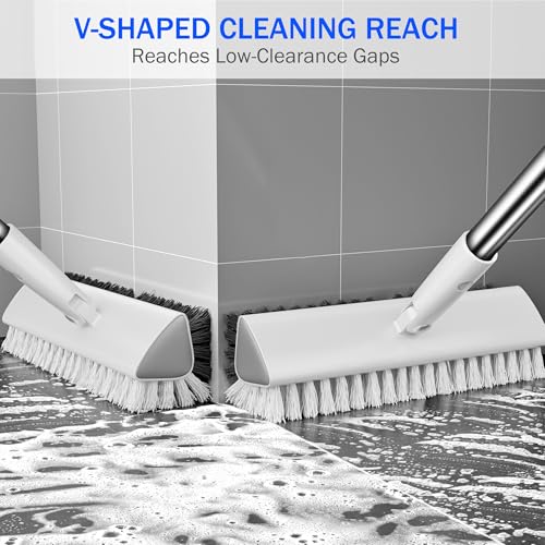 Grout Brush with Long Heavy Duty Handle, 180° Swivel Floor Scrub Brush, V-Shaped Grout Line Scrubber with Stiff Bristles, Cleaning Brush for Deep Cleaning Tile Grout, Shower, Kitchen, and Concrete