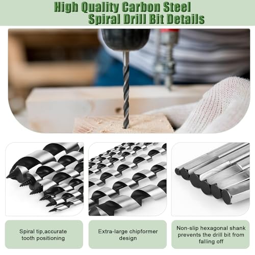 Hex Shank Long Wood Auger Bit 6Pcs, Multi Size Carbon Steel Drill Kit