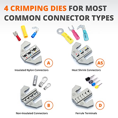 Wirefy Crimping Tool Set 5 PCS - Ratcheting Wire Crimper - for Heat Shrink, Nylon, Non-Insulated Connectors, Ferrule Terminals