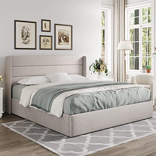 Allewie King Size Lift Up Hydraulic Storage Bed Frame Light Beige - color: Beige, size: King, style: Modern