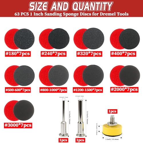 63 PCS 1 Inch Sanding Dremel Discs Hook and Loop Sandpaper 180-3000 Grits | Wet Dry Sanding Pads with 1/8" 1/4" Shank Small Sanding Discs for Curved Surfaces Resin Wood Metal - style: Mixed