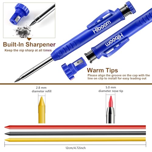 Hiboom 2 Pack Carpenter Pencils with Pencil Cap and 18 Refills, Blue - color: Blue