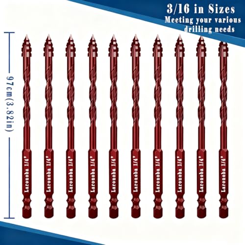 10pc Red 3/16” Serrated Eccentric Masonry Drill Bit, 5mm Serrated Concrete Drill Bit Set for Ceramic Tile Brick Glass Plastic Marble and Wood - size: 3/16 in