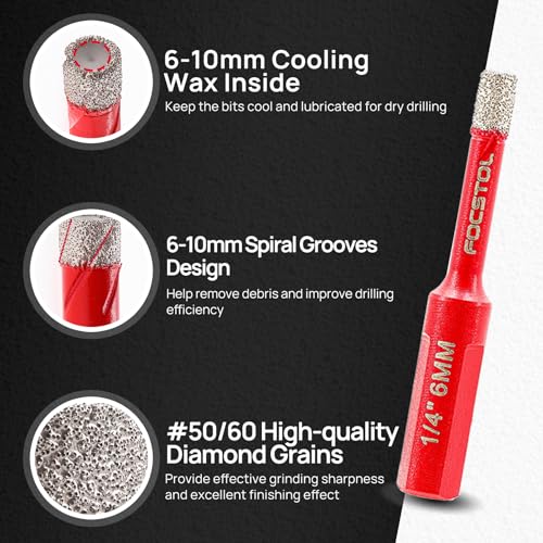 Diamond Core Drill Bits Set - FOCSTOL 11pcs (6/6/8/10/20/25/32/35/45/50/65mm) Hole Saw Kit with Triangle Shank for Porcelain Tile Ceramic Granite Marble - size: KIT7