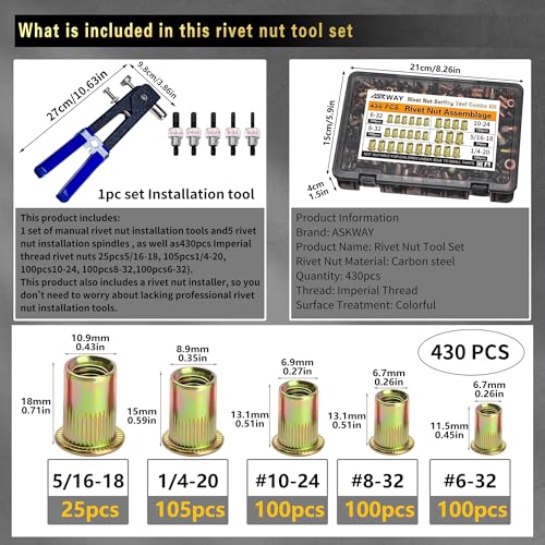 ASKWAY Imperial Rivet Nut Tool Kit 430pcs, SAE Rivet Nut Combination
