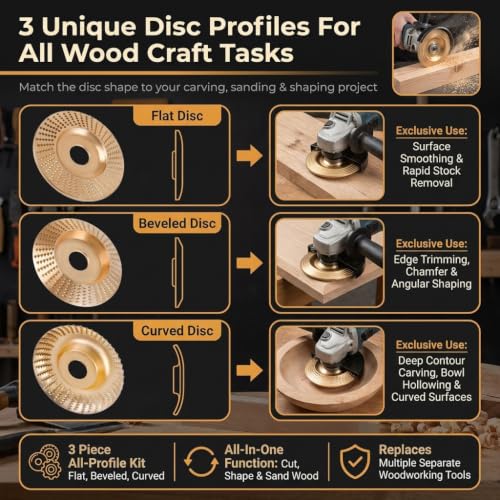 3Pcs Tungsten Carbide Cutting Wheel for Angle Grinder, Heavy Duty Wood Carving Disc Set for Cutting Shaping Sanding, Fits 4" & 4-1/2" Grinders