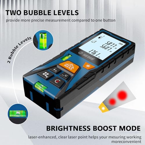 Laser Distance Measure Backlit LCD with Bubble Levels Enhanced-Bright 196FT - color: Red 196FT
