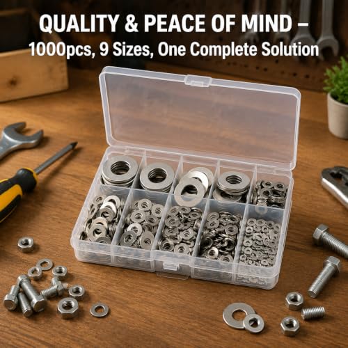 1000PCS Flat Washer Assortment Kit – Stainless Steel,9 Sizes (M2 M2.5 M3 M4 M5 M6 M8 M10 M12) for Screws, Bolts, Industrial, DIY, Furniture & Automotive Projects