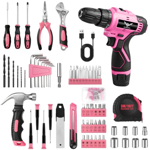 JENABOM Drill Set, 151-Piece Home Tool Set with 12V Pink Cordless Drill - color: Pink