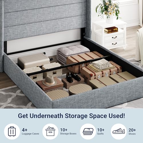Allewie Full Size Lift Up Hydraulic Storage Bed Frame Blue Grey - color: Blue Grey, size: Full, style: Modern