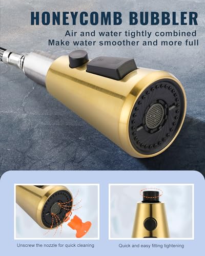 Pull Down Spray Head Replacement - for Kitchen Faucet Sprayer Head with 9 Adapters, 3 Function Pull Out Faucets Spray Nozzle Compatible with Moen, American Standard Faucets, Brushed Gold - color: Brushed Gold